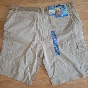 Iron Co Twill Cargo Short Tan Stretch Fabric Comfort Waistband Belt Mens 38 NWT